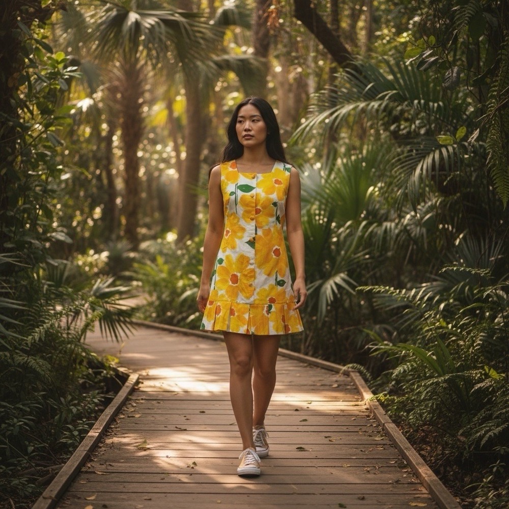 Vintage Malia Honolulu White Shift Pleated Hem Yellow Floral Print Dress Size 8